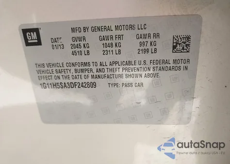 2013 Chevrolet Malibu 1Lz из США, поврежденный, VIN 1G11H5SA3DF242809